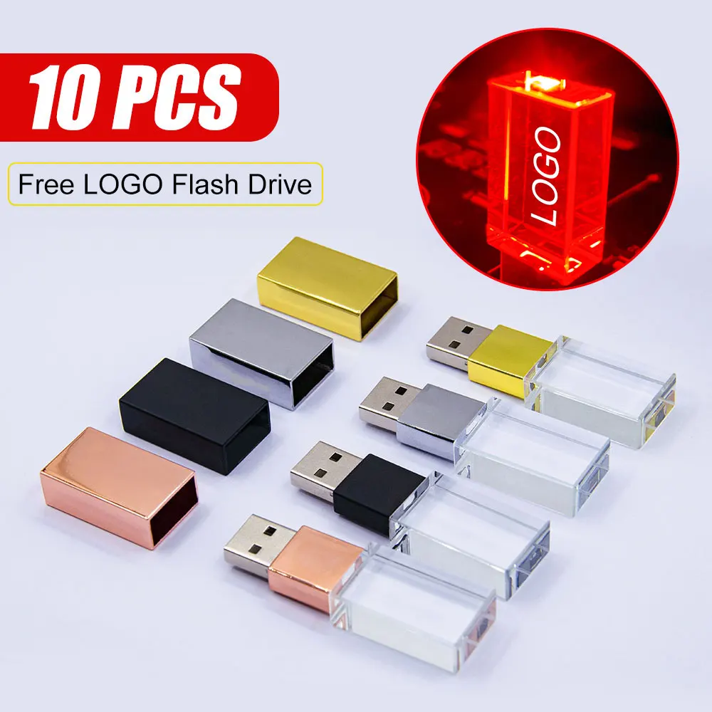 10PCS/LOT Crystal USB 2.0 Wedding Gift Flash Drives Free Custom Logo Pen Drive 100% Real Capacity Stick 128GB 8GB 16GB 32GB 64GB