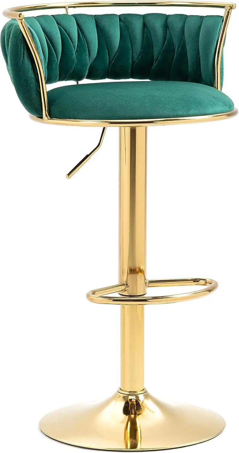 360 °   طقم كراسي بار دوارة مكونة من قطعتين، كراسي بار معدنية ذهبية مخملية قابلة للتعديل مع ظهر منسوج ومسند للقدمين، أخضر داكن