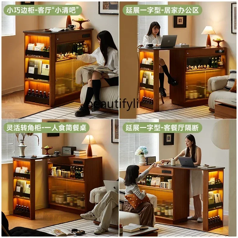 Q181 T Retro bar, solid wood rock slab retractable table, living room console, locker view 4