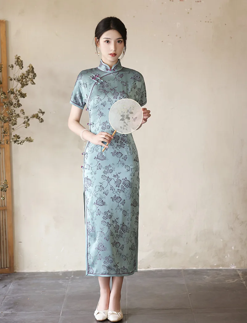 

FZSLCYIYI Elegant Mandarin Collar Short Sleeve Chinese Cheongsam Traditional Retro Jacquard Satin Qipao Daily Evening Dress