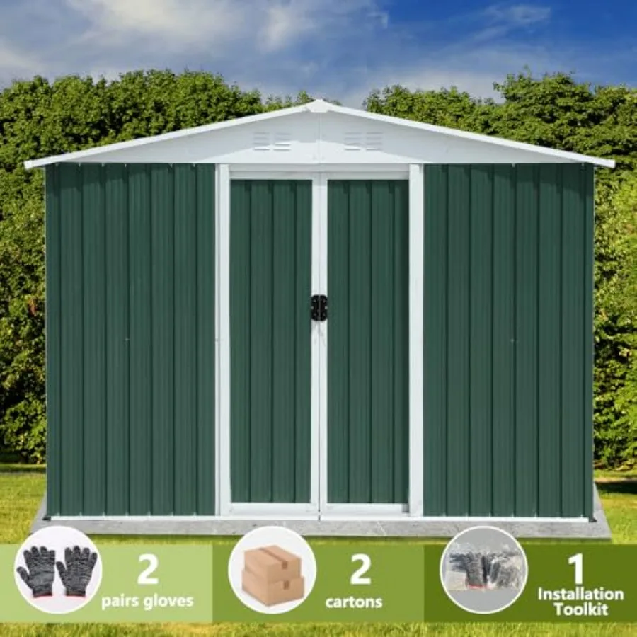 Outdoor metal storage shed for backyard garden use, galvanized steel construction, green color, features sliding door and venti