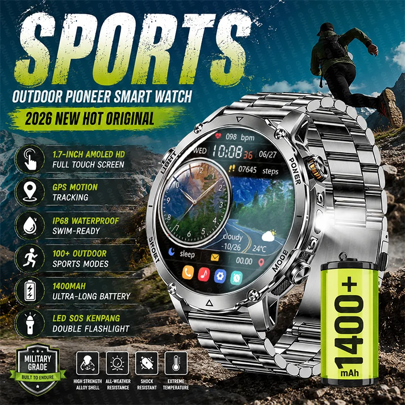 

2026 New Original TANK1400mAh Battery Men smart watch Outdoor Sports GPS Flashlight IP68 Waterproof Bluetooth Call Smartwatch