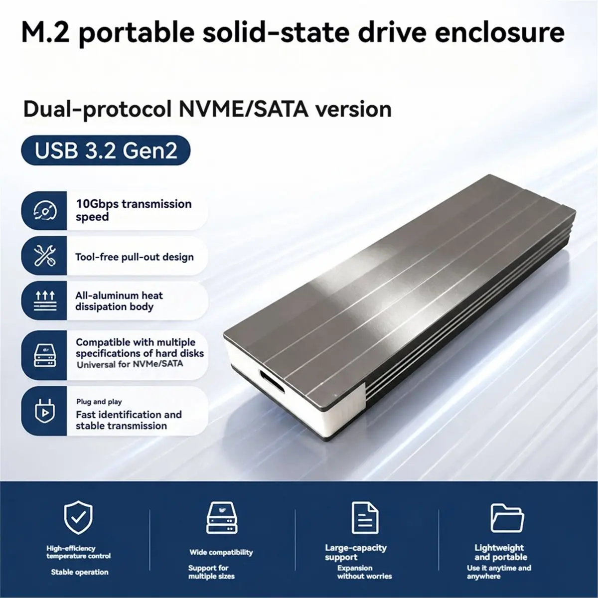 HDL M2 SSD Case NVMe&SATA Dual Protocol SSD Enclosure Adapter 10Gbps USB 3.2 Gen2 USB C External Enclosure for PC B