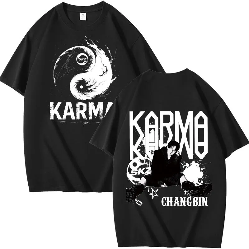 تي شيرت KPOP The 4th Album KARMA كبير الحجم تي شيرت FELIX BANGCHAN CHANGBIN HYUNJIN SEUNGMIN LEE KNOW K-POP تي شيرت جرافيك بأكمام قصيرة