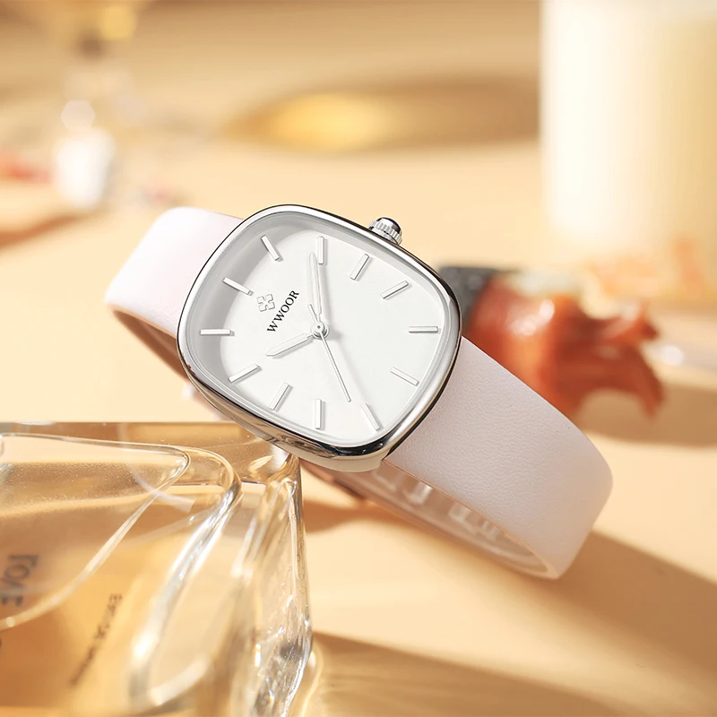 WWOOR New White Watch For Women Fashion Dress Ladies Quartz Wristwatch Waterproof Clock Simple Leather Women Watch Montre Femme