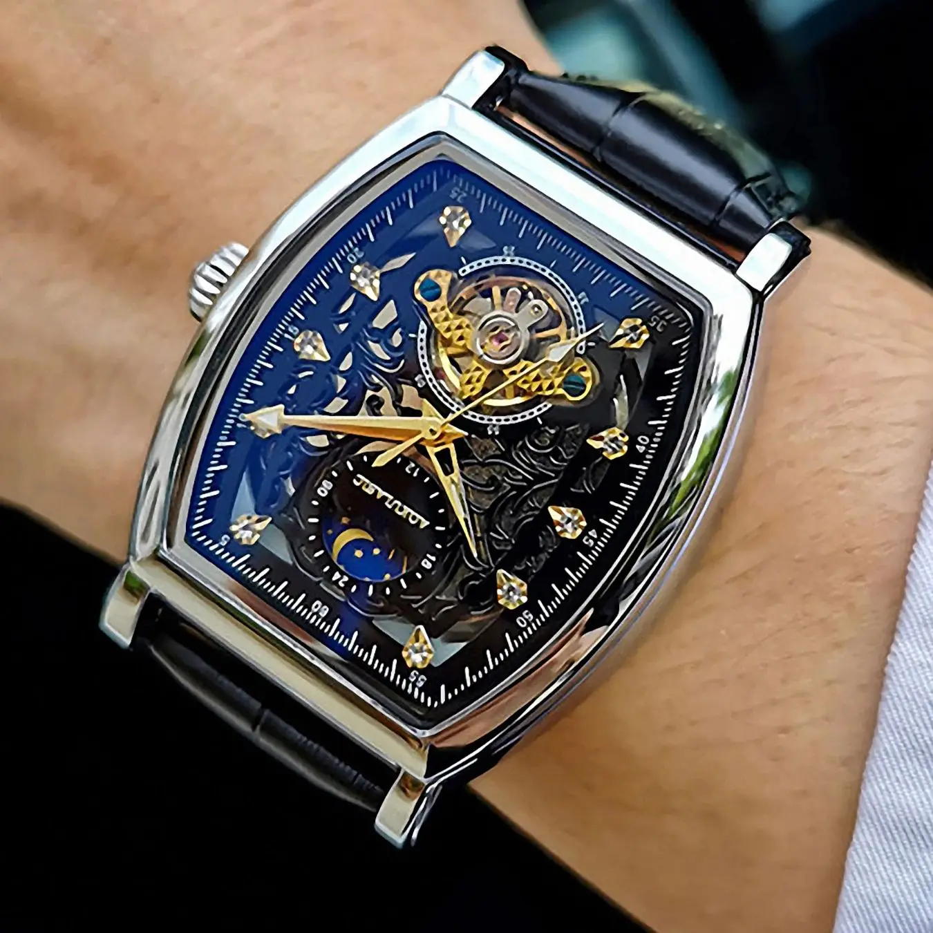 AOKULASIC Tourbillon Skeleton Automatic Mechanical Watch for Men Luxury Iced Out Moon Phase Casual Leather Strap Mens Watches