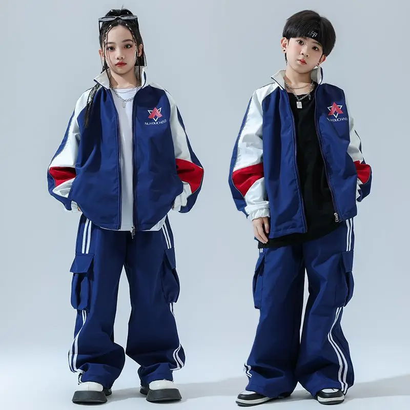 Kid Cool Hip Hop Clothing Navy Blue Zip Up Windbreaker Jacket Coat Top Casual Wide Pants for Girl Boy Jazz Dance Costume Clothes