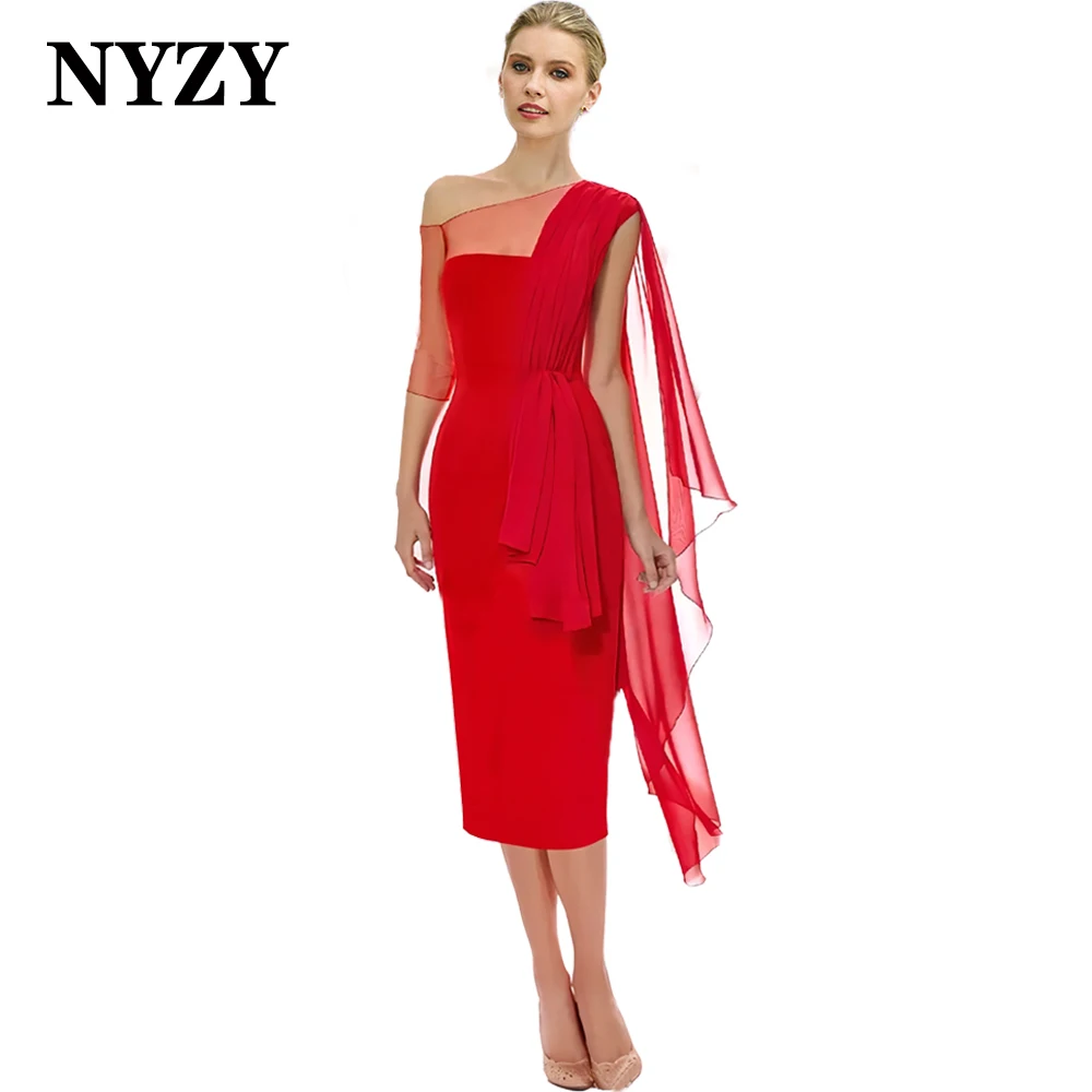 

NYZY C354 Chiffon One-shoulder Red Cocktail Dresses 2024 Short Wedding Party Evening Prom Gowns