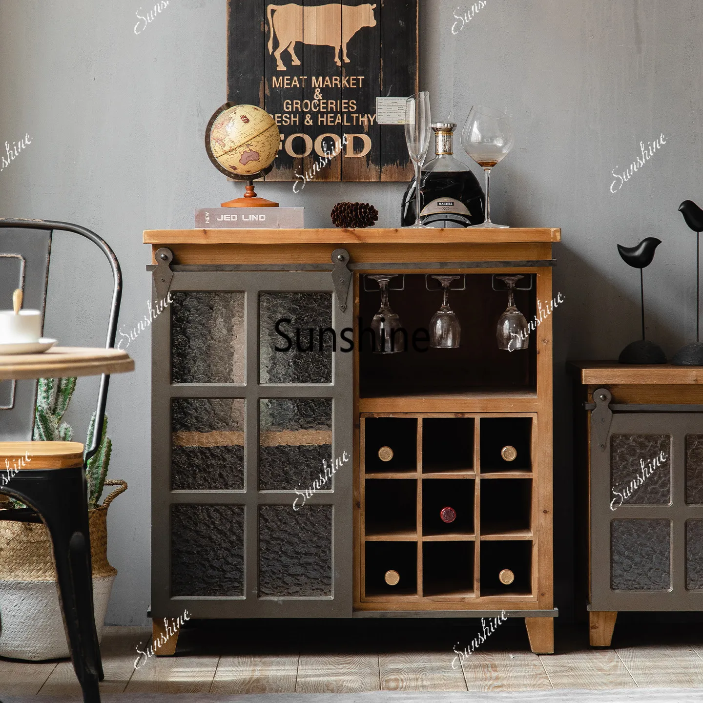 Retro old solid wood wine cabinet kitchen wrought iron sliding door locker