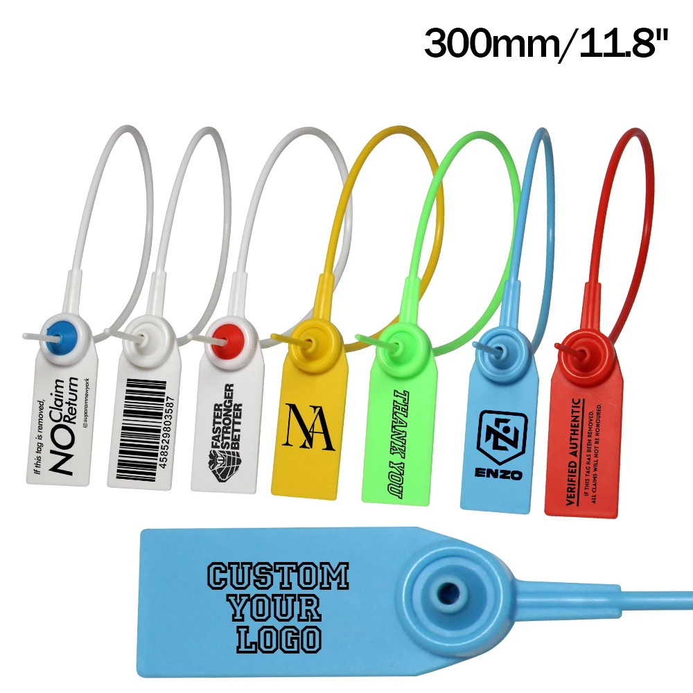 100 Custom Garment Plastic Security Tag Shoe Clothing Bag Brand Logo QR Bar Code Hang Labels Tags Seals Zip Ties 300mm/11.8