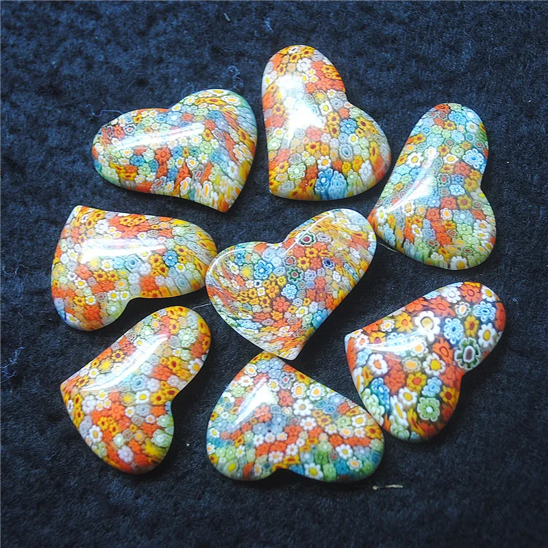 6PCS Orange Millefiori Glass Cabochons Heart Shape Size 26X19MM DIY Jewelry Fashion Parts Making Accessories