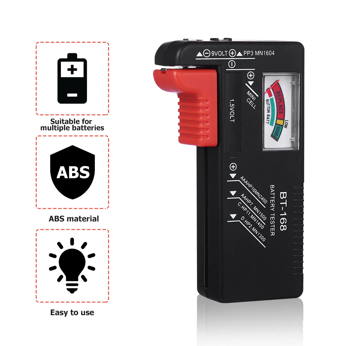 Battery Tester for Aa Aaa 9V 1.5V Button Cells Instant Analog Voltage Checker Color Coded Meter Low Power Alert