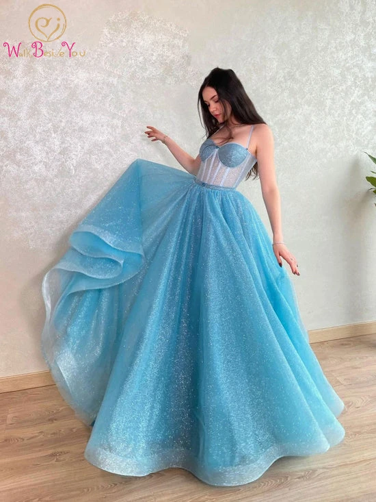 

Blue Prom Dresses Sparkly Bling Long Floor Length Sweep Train Lace Up Spaghetti Strap Sweetheart A Line Evening Gown Graduation