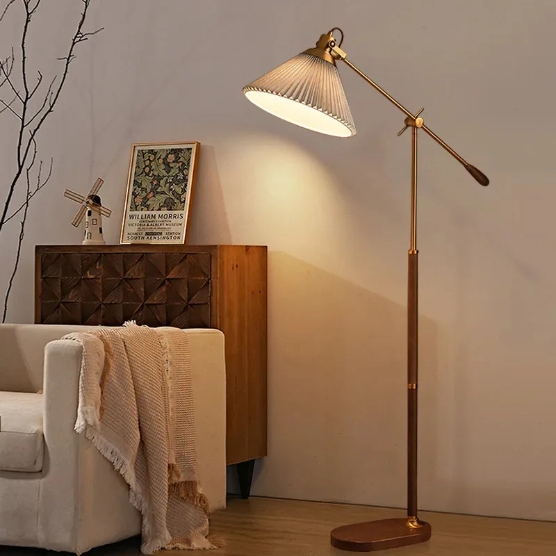 Vintage Simple Wood Floor Lamp Living Room Sofa Bedroom Bedside Metal Walnut Wood Brass Decoration Floor Light