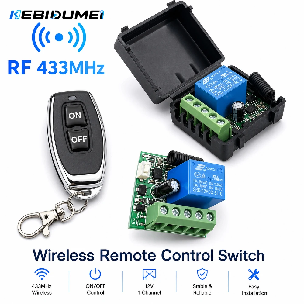 KEBIDUMEI Fernbedienung RF433Mhz Drahtloser Lichtschalter DC12V 1CH 10A Relais Empfänger Sender für Garagentorschloss DIY Modul – Detail 1