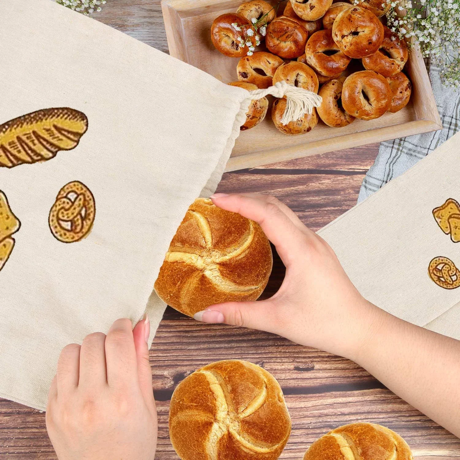 Linen Bread Bags Reusable Drawstring Large Washable Storage Food Accessories Bread Storage Bag Home Unbleached Kitchen Organizer