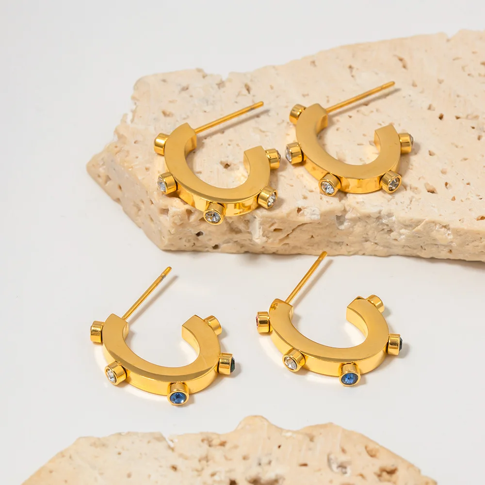 Stainless Steel PVD 18K Gold Plated Tarnish Colorful Crystal Irregular U Shape Earrings  For Woman Jewelry Wholesale Trendy