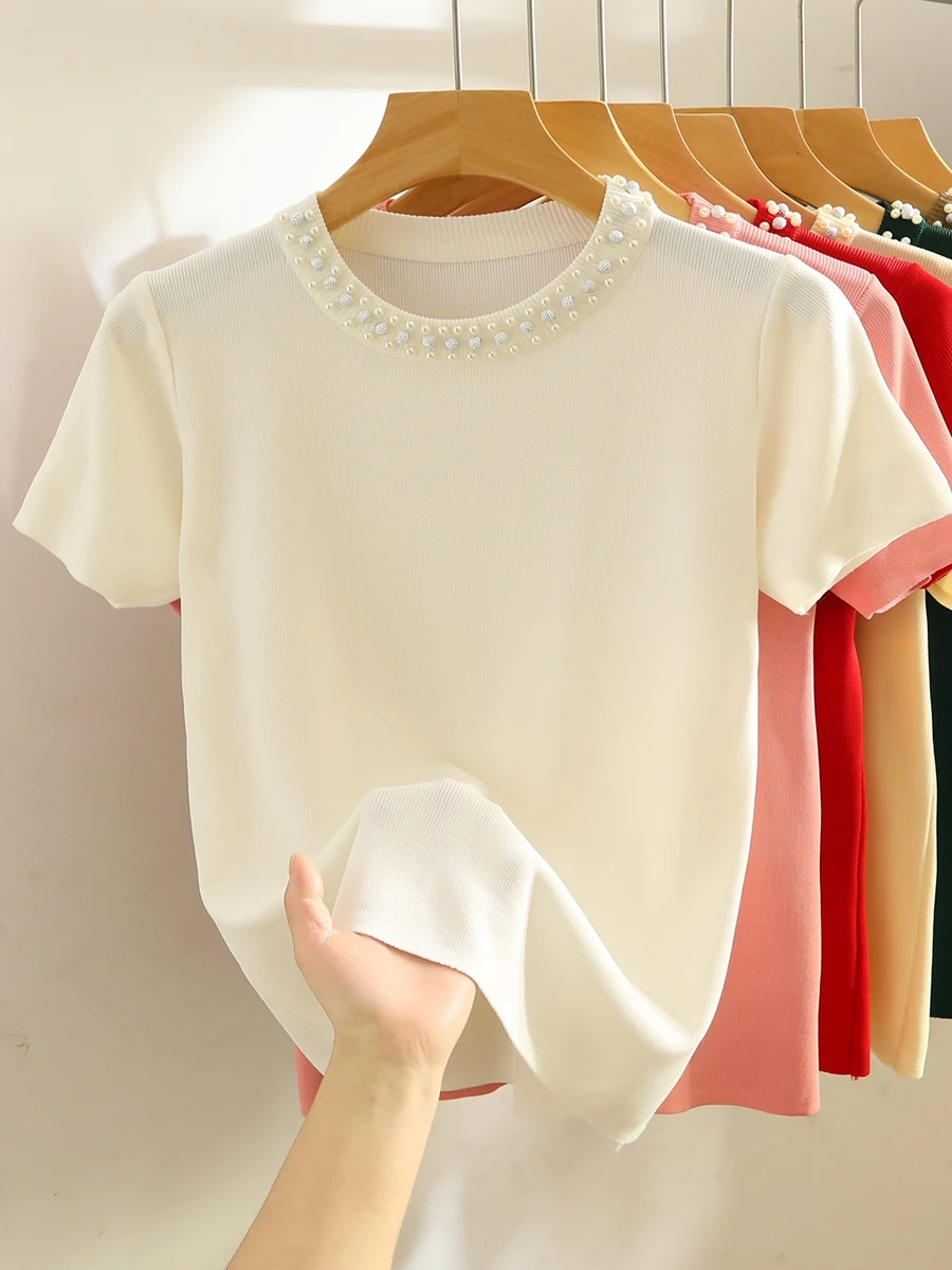 Pearl O-Neck Knitted Sweater Summer Elegant Casual Loose Ice Silk Thin Pullover Women Short Sleeved O-Neck Versatile Top