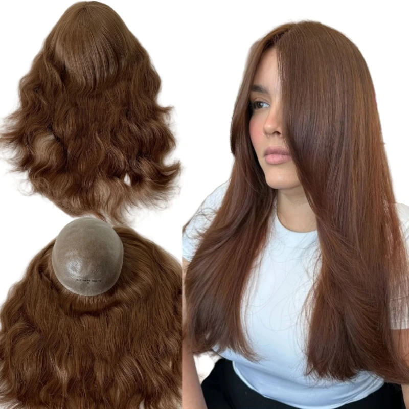 Brazilian Virgin Human Hair Systems #6 Light Brown Color 8x10 Full PU Topper for Black Woman