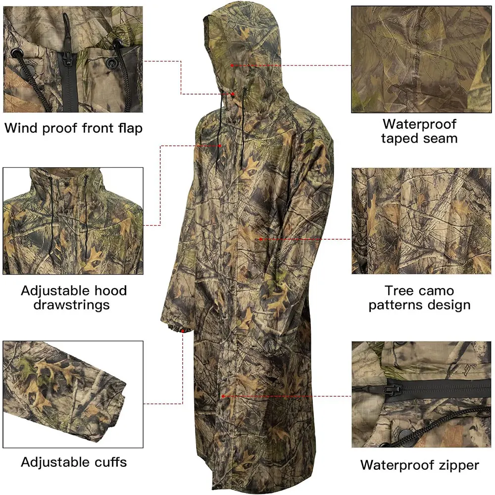 Real Tree Long Raincoat for Men Tactics Hunting Camo Waterproof Poncho Woman Coat Rain Fishing Hiking Conjoined Cover Clothing
