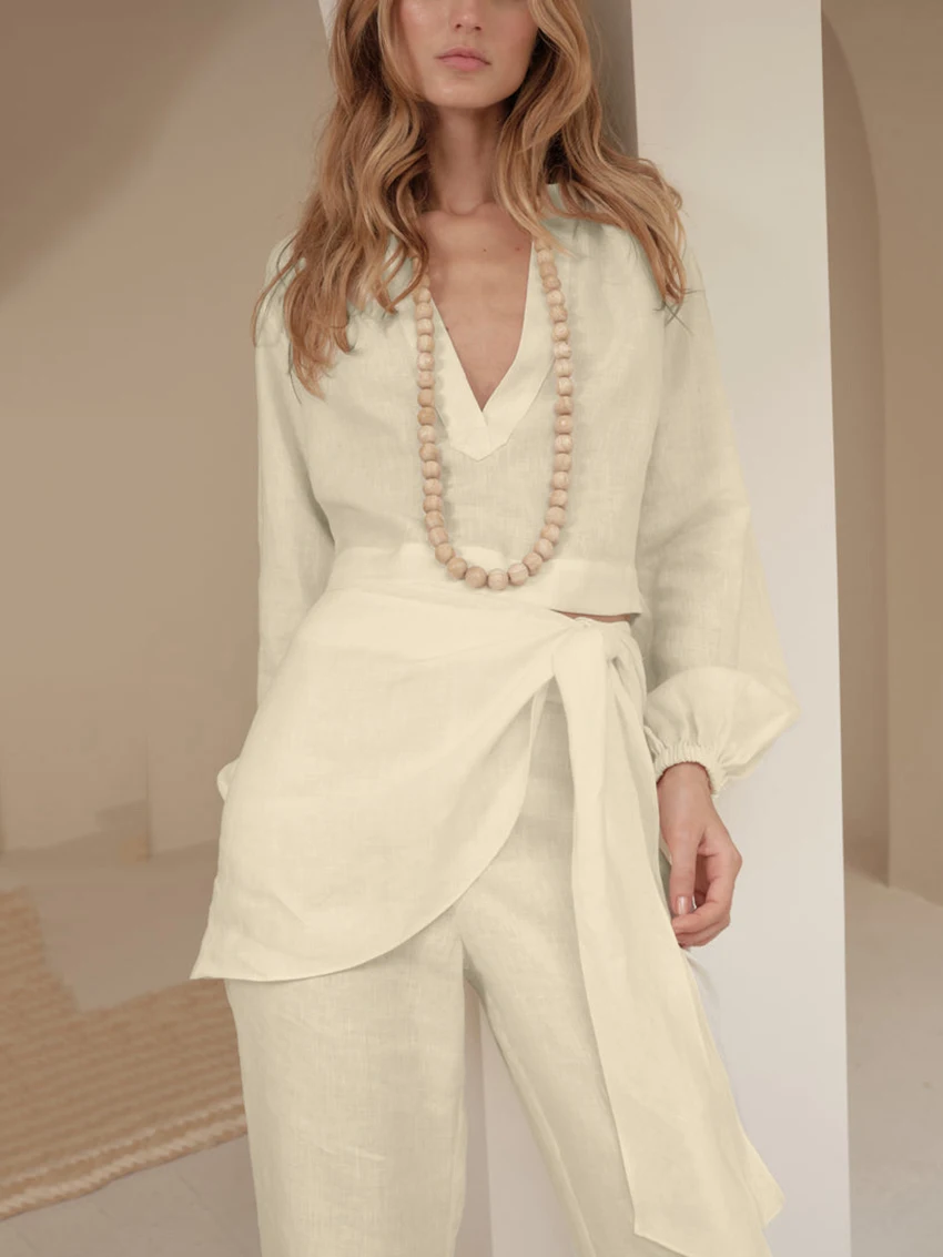 Marthaqiqi Home Clothes Women Turn-Down Collar Pajamas Long Sleeve Nightie Crop Top Nightwear Pants Casual Ladies Nightgowns Set