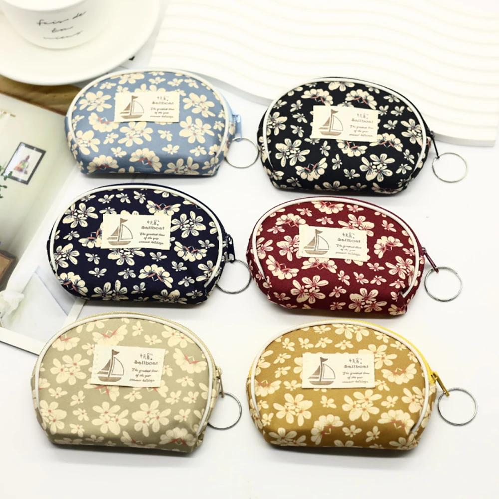 24pcs Short Coin Purse Women Canvas Floral Printing Multi Light Protable Zipper Key Bag Mix Color