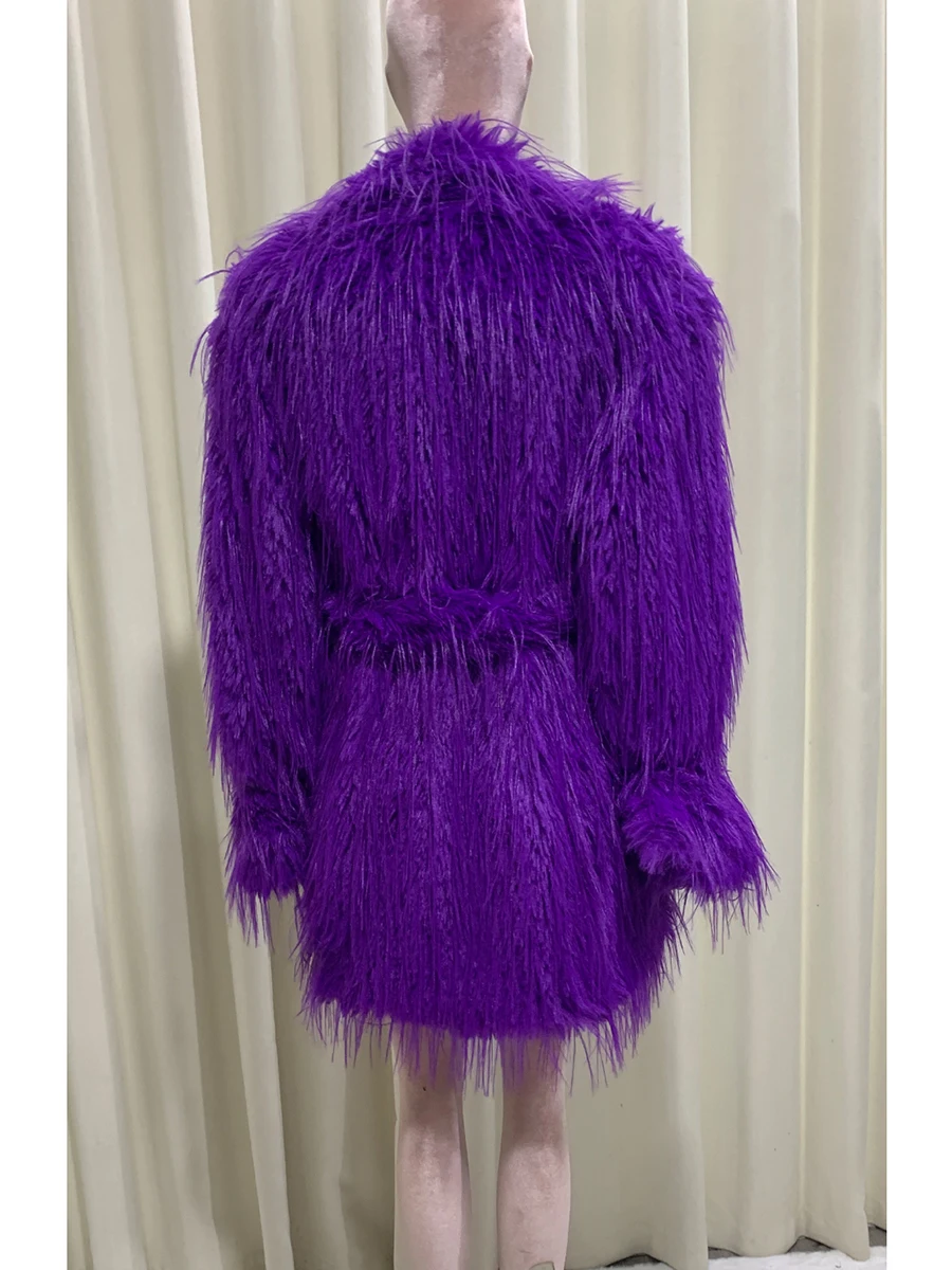 Otoño Invierno suelto brillante púrpura peludo grueso cálido suave imitación abrigo de piel mongol mujeres fajas chaqueta mullida de lujo 2025