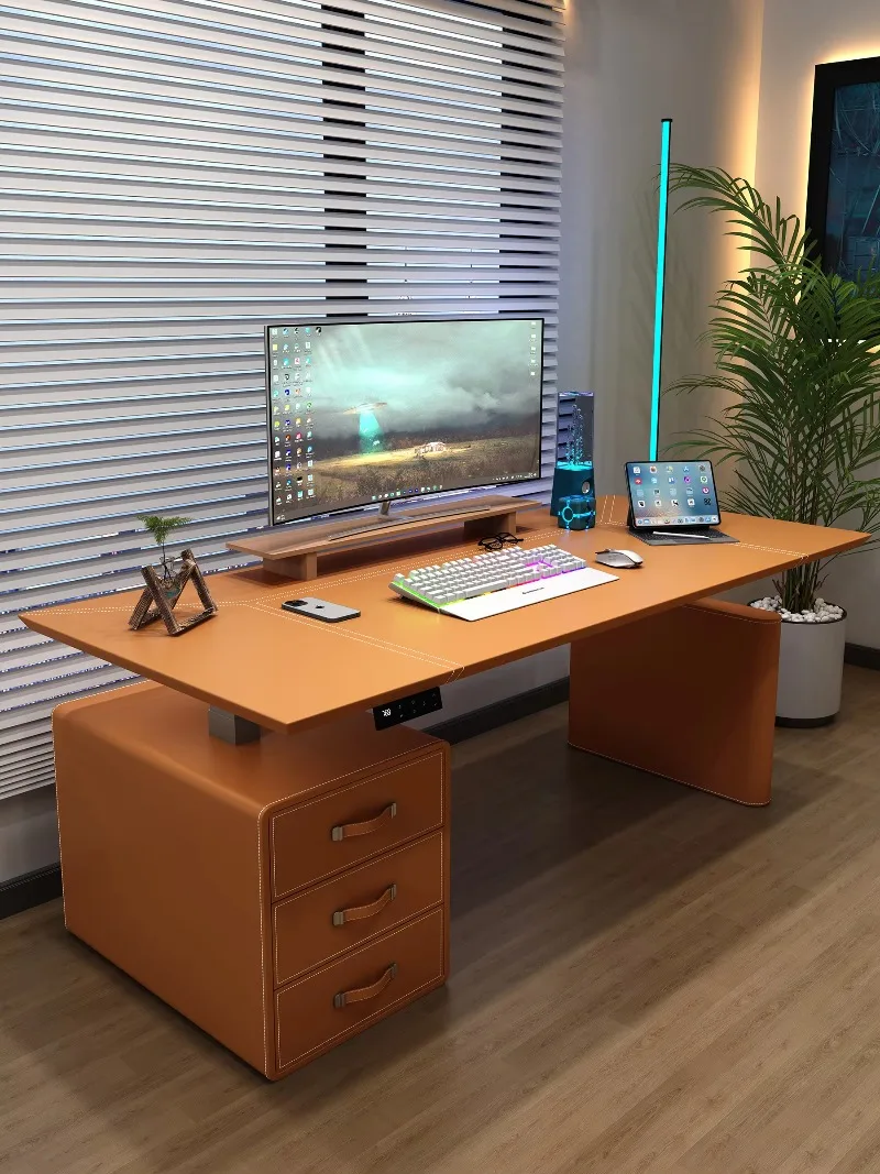 Smart Electric Lift Desk with Metal Frame and Saddle Leather Surface Double Plug Office E-Sports Study Workbench L56