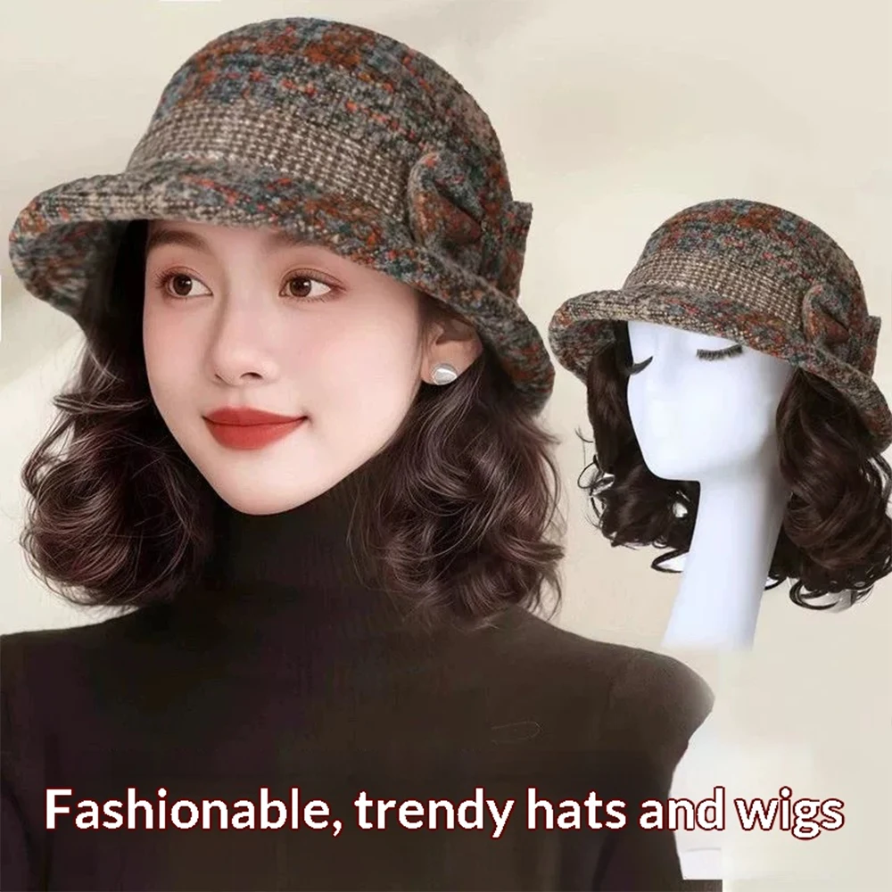 Synthetic 6inch Blue Bow Fisherman's Hat Slouchy Curl Wig Brown Princess Curl Lo Coldproof Warm Horse Roll Christmas Gift