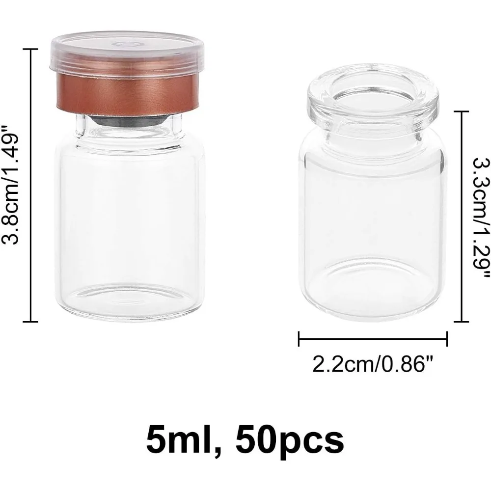 50 Pack 5ml Vials-Transparent Glass Headspace Vials 0.17oz with Aluminum Flip Off Caps and Rubber Stoppers, 20mm Flat Bottom