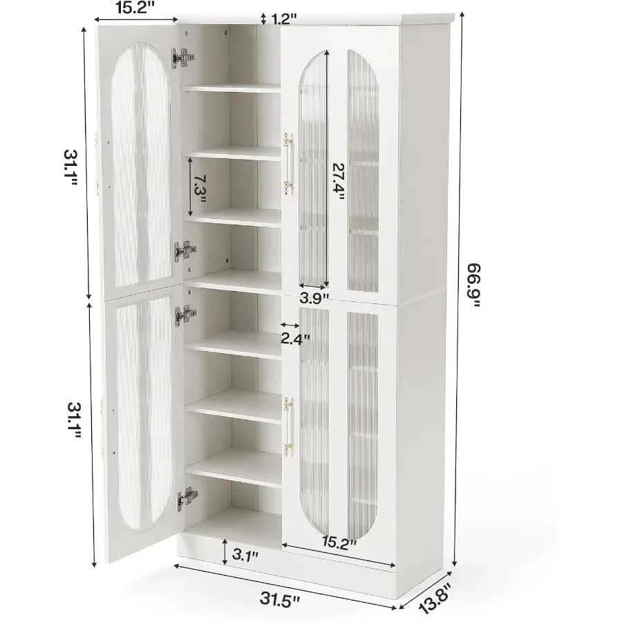Shoe Cabinet with Acrylic Doors and Dimmable LED Lights, 8-Tier Tall Wooden Shoe Rack Organizer with Adjustable Shelves, Holds