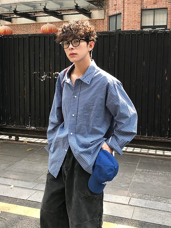 Retro American Blue Plaid Long Sleeve Shirt Jacket Loose Men's Fashion Miu Series Casual Comfortable Breathable Button down