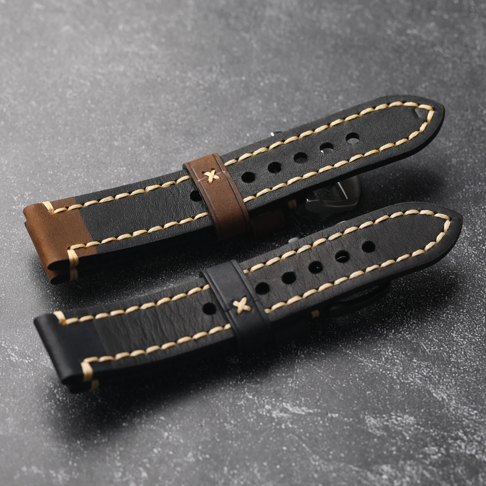 Handmade Vintage Brushed Crazy Horse Leather Strap 18MM 20MM 21MM 22MM 23MM 24MM 26MM Brown Black Soft Cowhide Bracelet