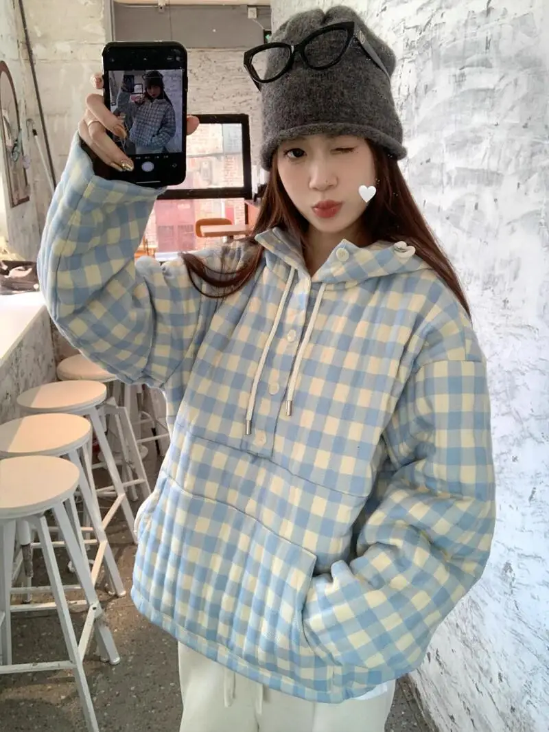

Lazy style Sweet girl wind long sleeves hooded cotton-padded jacket Women's winter Blue grid pattern loose leisure coat elegance