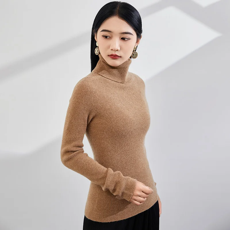 100% Cashmere Pure Cashmere Sweater, High Reverse Collar Slim fit Versatile Knitted Base Sweater for Women