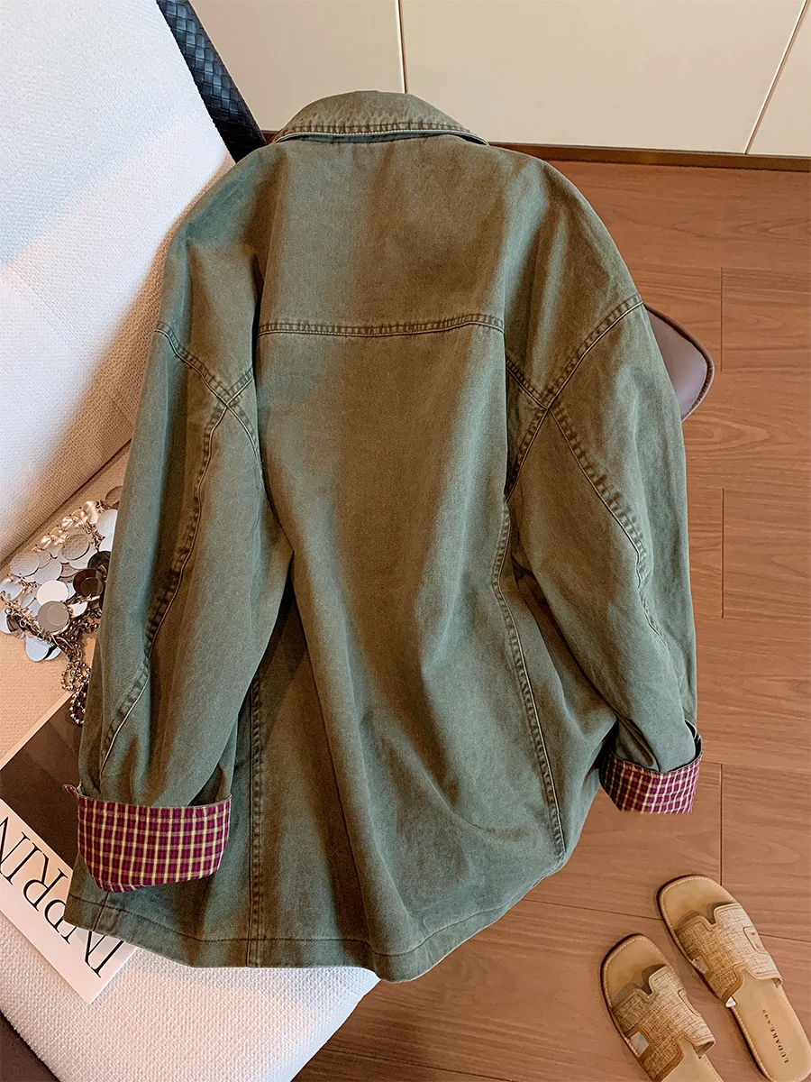 

Джинсовый джинсовый тюнер в стиле милитари в стиле ретро, свободный крой, женский осенне-весенний дизайн, утягивающий топ, теплый топ с клапаном и застежкой на пуговицы