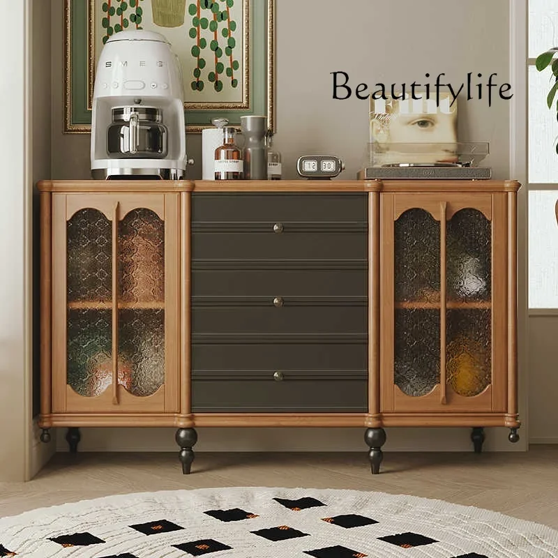 

integrated against the wall medieval tea cabinet advanced sense Retro solid wood walnut side cabinet glass door