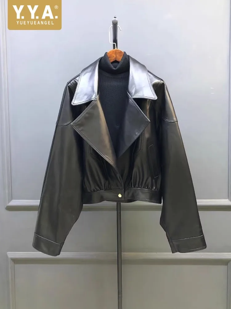 여성용 새 배트윙 슬리브 정품 가죽 짧은 재킷 진짜 양피 턴 다운 칼라 캐주얼 루즈 피트 지퍼 코트 봄 가을