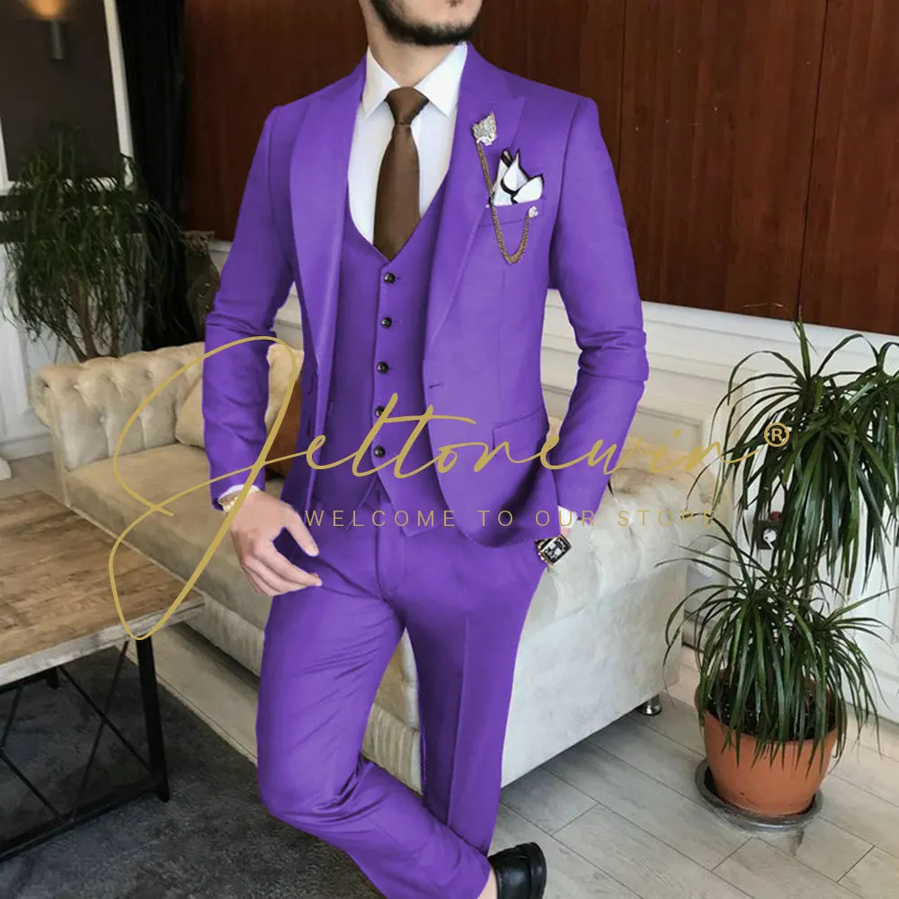 

JELTONEWIN Formal Light Purple Terno Slim Fit Mens Suit Peak Lapel Wedding Tuxedos For Groom 3 Pieces Business Male Blazers Set