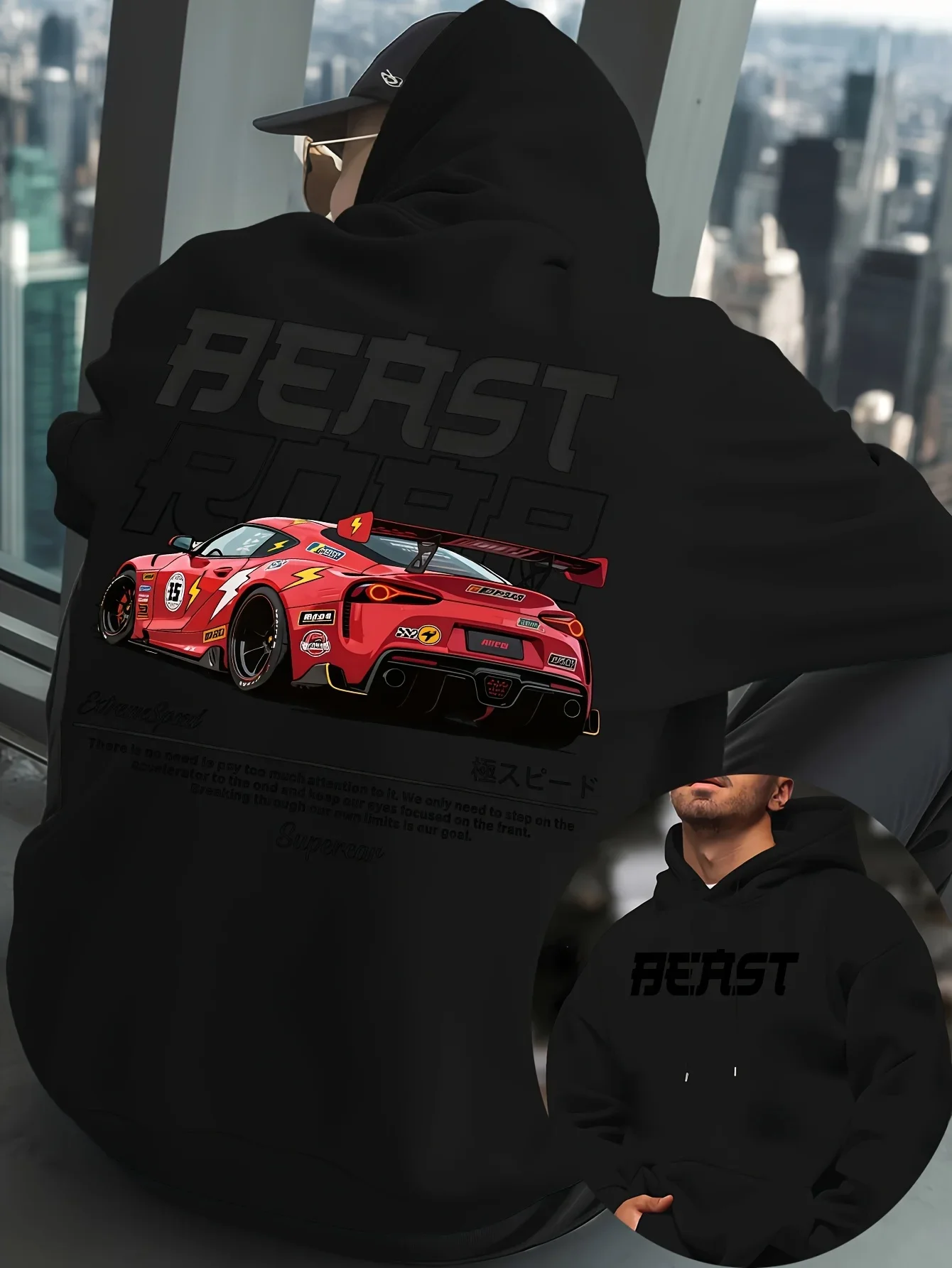 Kids Beast Red JDM Supercar Extreme Speed Japanese Text Double Sided Print Hoodie Boys Girls Loose Streetwear Pullover