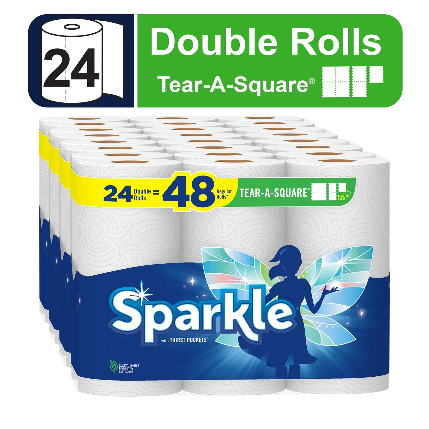 Sparkle Tear-a-Square Paper Towels, White, 24 Double Rolls, Customizable Sheet Size Paper Towel