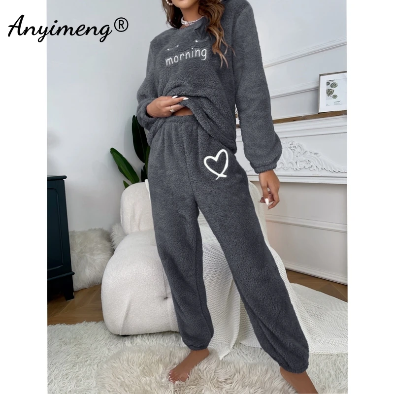 Lashes Sleepwear Fluffy Homewear Winter Woman Pajamas Set Pullover Casual Cozy Flannel Pijamas Cold Thermal Lady Lingerie Pyjama