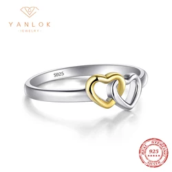 YANLOK Bands Jewelry Double Hearts silver rings Soild 925 sterling silver Heart Ring 2017 Collection Summer for women Gift
