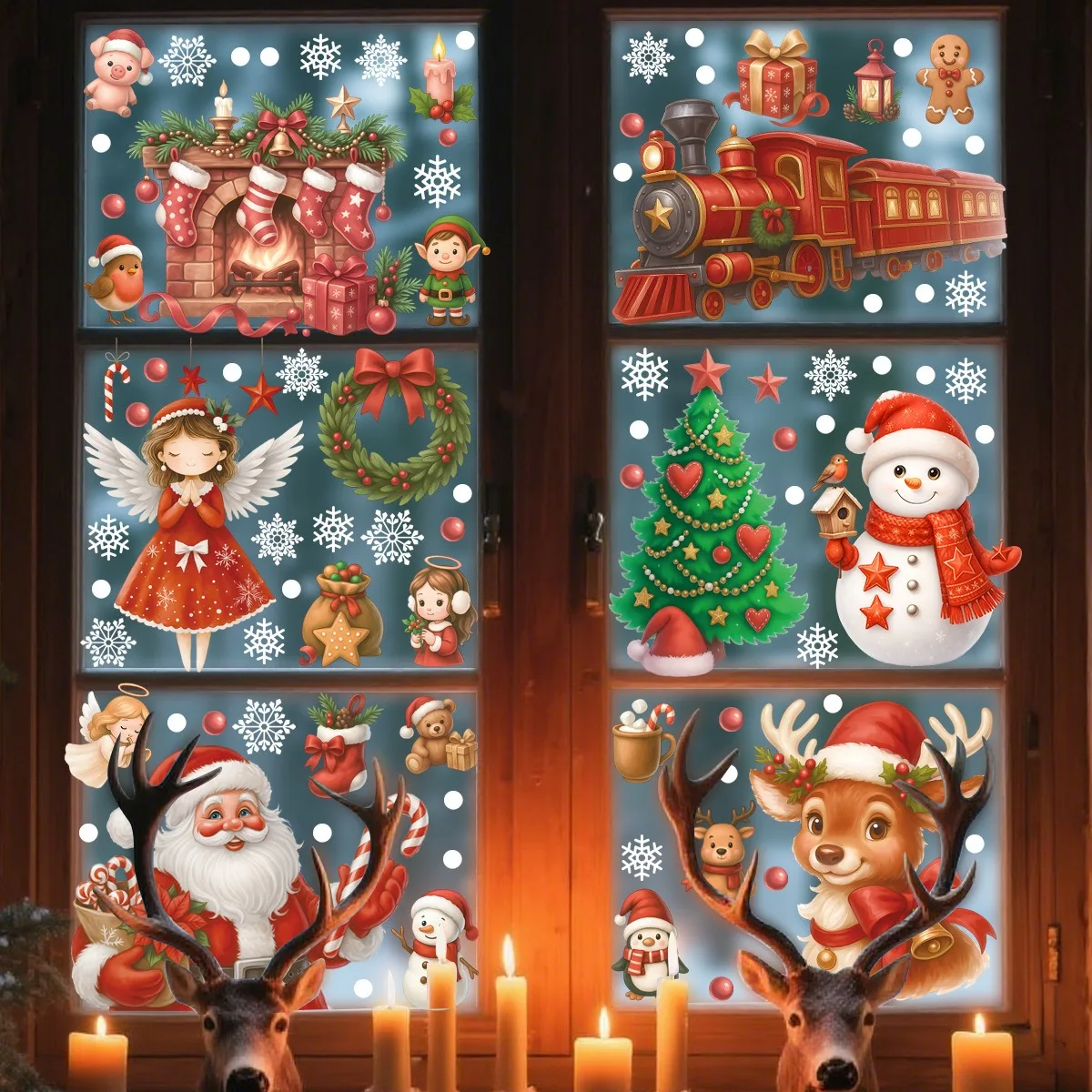 Cartoon Reindeer Snowman Snowflake Window Stickers Xmas Electrostatic Stickers Merry Christmas Decor Noel Happy New Year