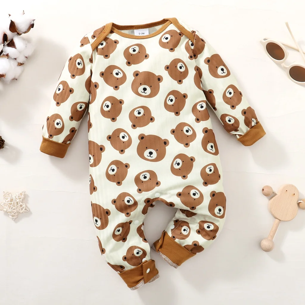 Newborn Baby Boy Romper Long Sleeves Cute Bear Print Bodysuit Spring Autumn Infant Boy Casual Jumpsuit Clothing for 0-18 Months