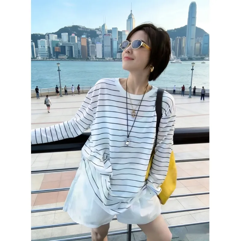 

Chic White Striped Long Sleeve T-Shirt Women's Loose Thin Sun Protection Cover up Casual Shorts Two Piece Set Summer Fashion