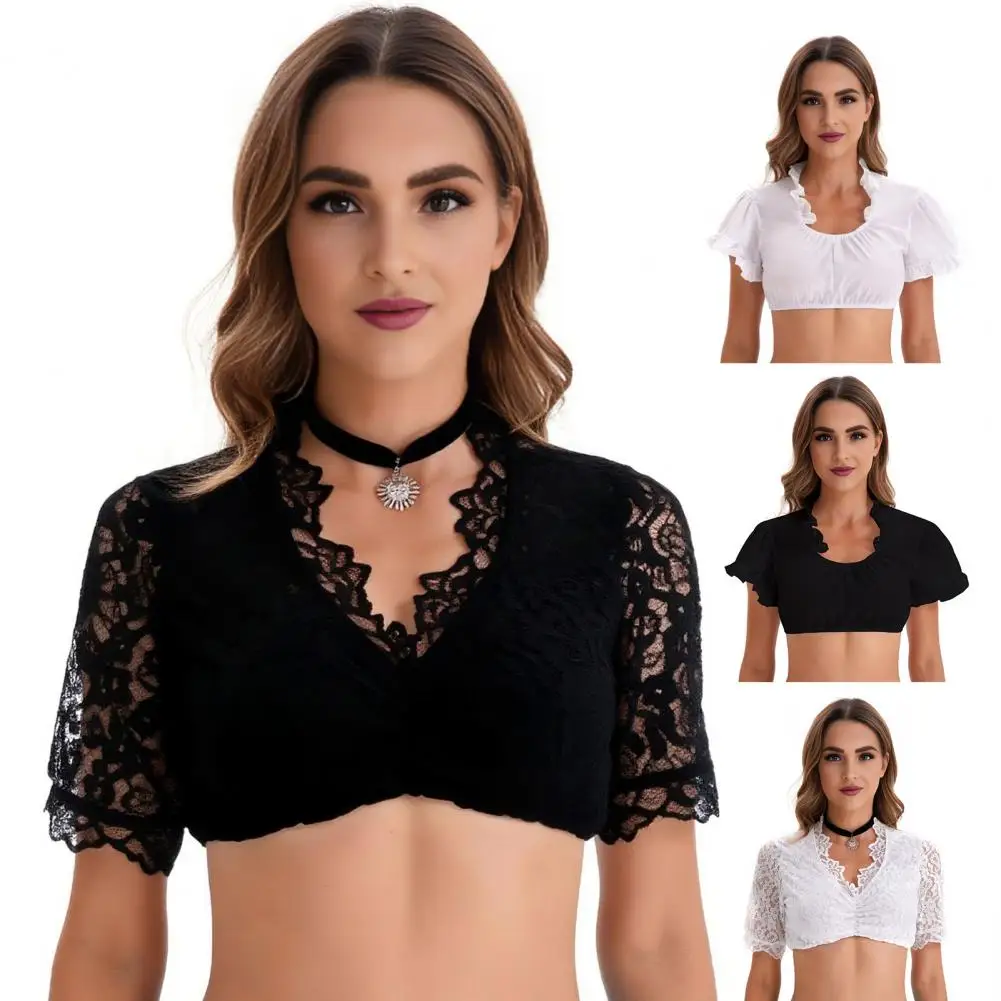 Lace Splicing Blouse Lady Crop Top Women’s Traditional Dirndl Blouse Short Sleeve Lace Crop Top Oktoberfest Folk Costume Shirt