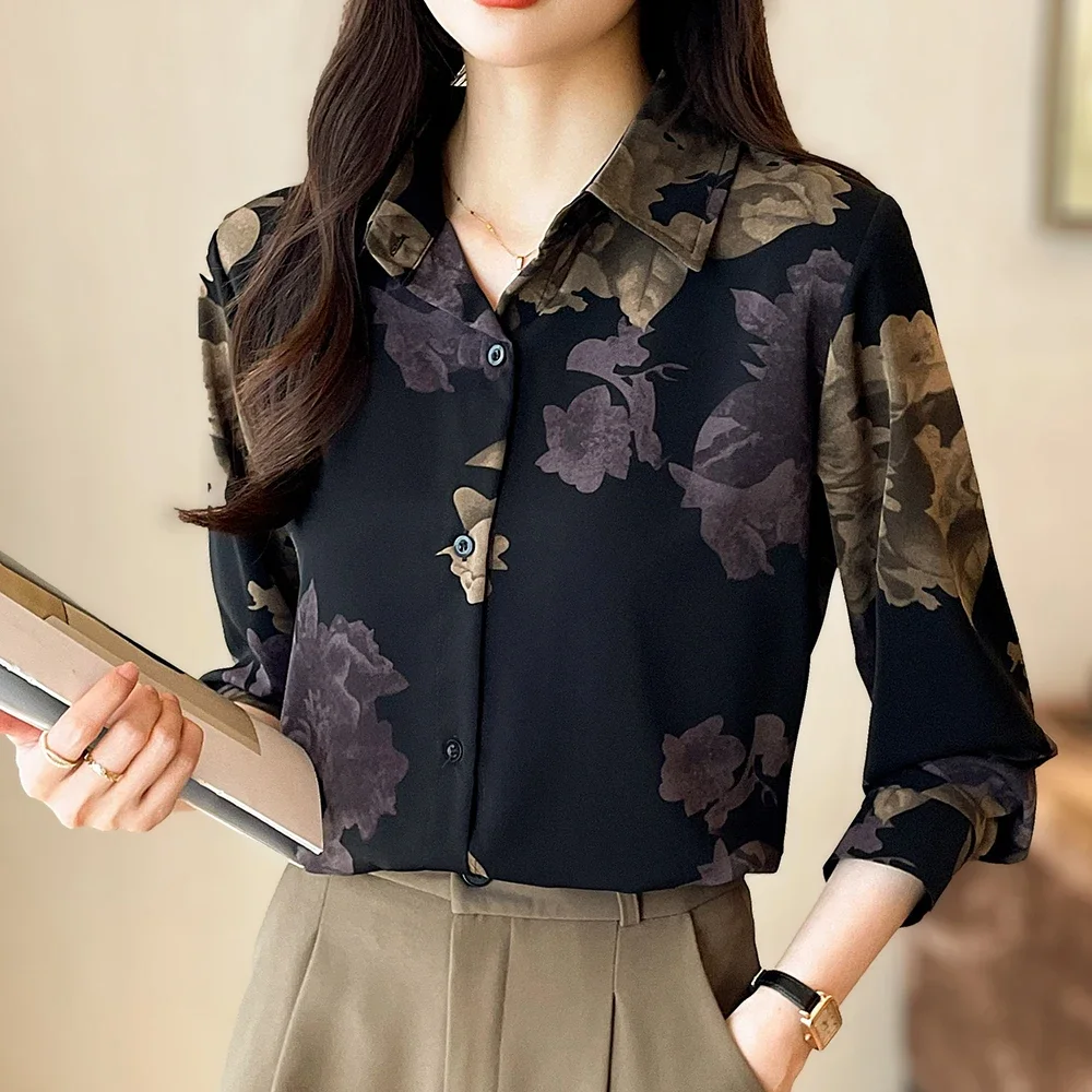 

Women Simple Shirt Women Large Size Lapel Button Down Shirt Vintage Floral Print Long Sleeve Shirt Hawaiian Vacation Casual Top