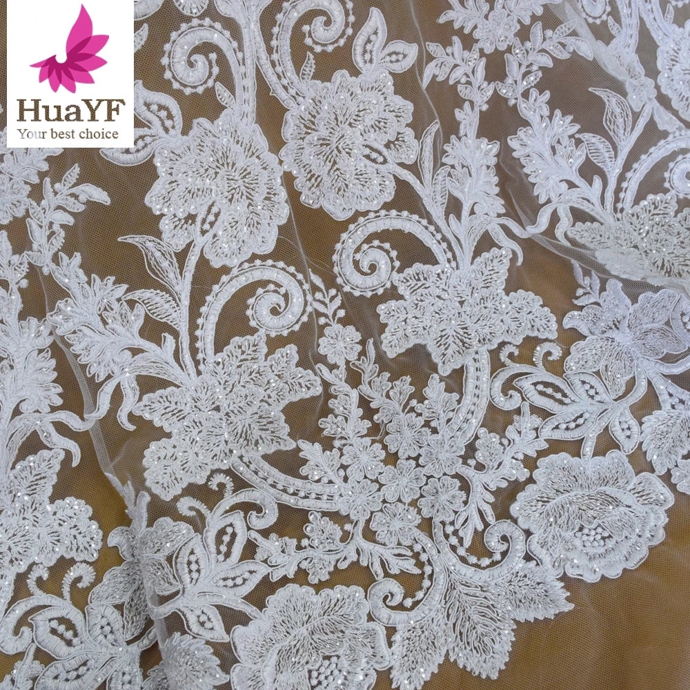 New French Pure WhiteSequined Lace Fabric 2023 High Quality Embroidery Flower Wedding Dress DIY Sewing Accessories HY1797-3