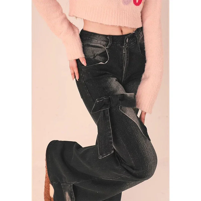 Women\'s Black Gothic Bow Flare Jeans Harajuku Aesthetic Y2k Denim Trousers High Waist Cowboy Pants Vintage 2000s Trashy Clothes